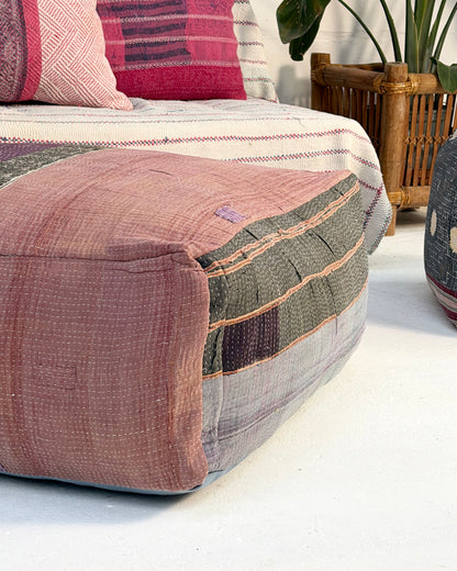 Extra Large Square Kantha Pouf Cushion Cover With Blue and Grey Stripes