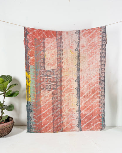Large Extra Fine Stitched Vintage Kantha Quilt in Pinks and Greys