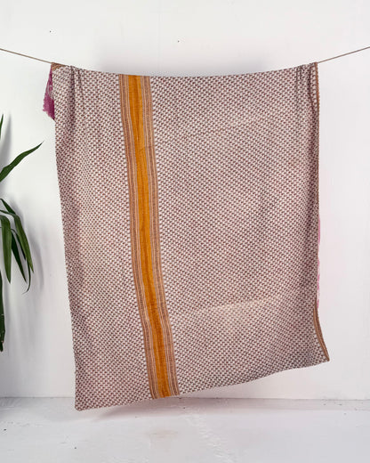 Vintage Cotton Kantha Quilt In Pink and Beige Floral #52