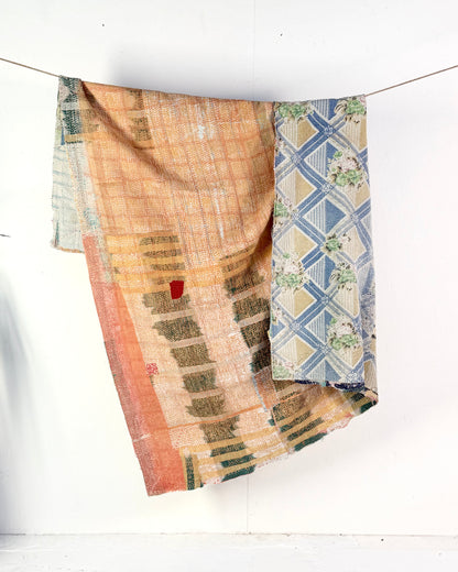 Large Textured Vintage Kantha Quilt in Pastel Pink and Blue