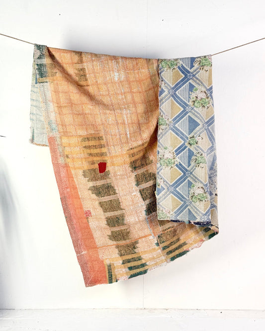 Large Textured Vintage Kantha Quilt in Pastel Pink and Blue - Biggs & Hill