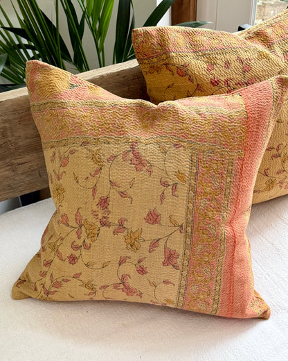 Vintage Kantha Cushion With Yellow Flowers - 45cm Square