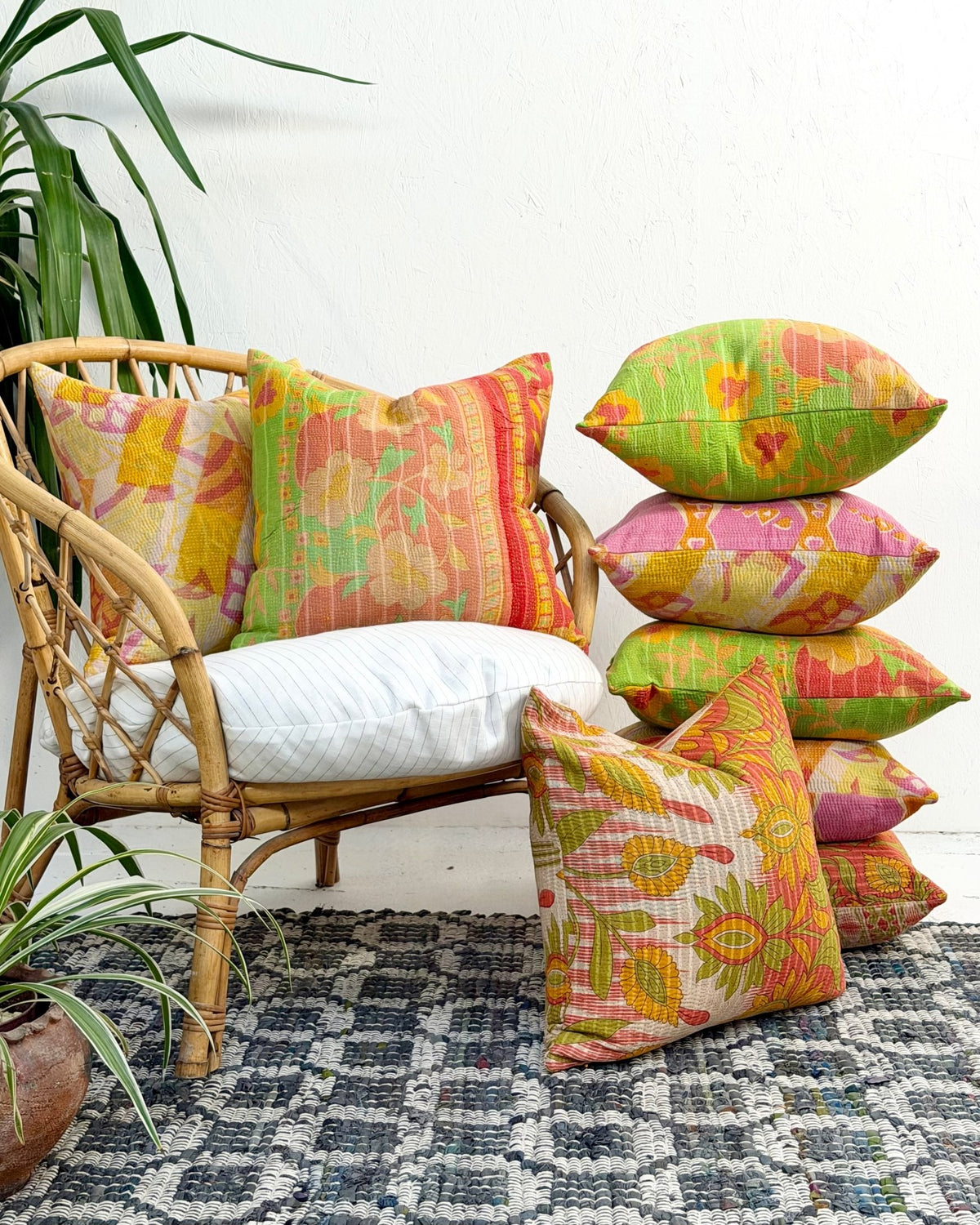 Handmade Vintage Kantha Cushion Cover In Retro Floral - 45cm (18") - Biggs & Hill