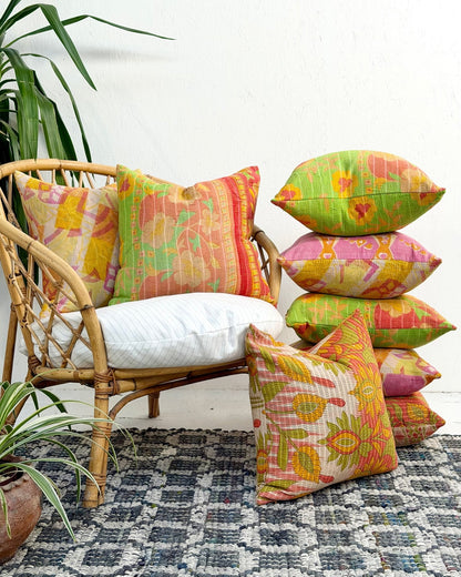 Handmade Vintage Kantha Cushion Cover In Retro Floral - 45cm (18") - Biggs & Hill