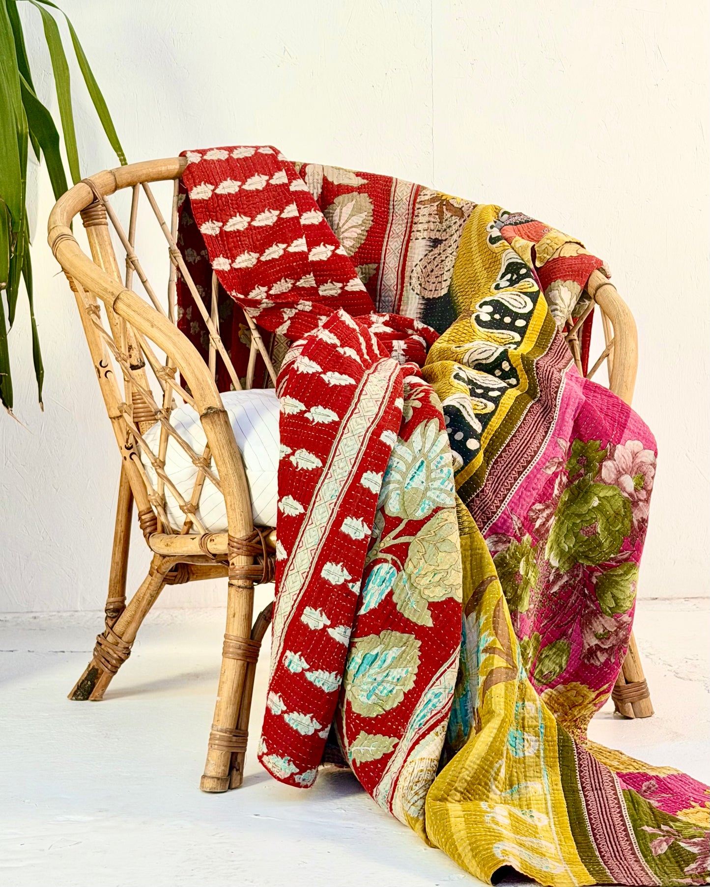Large Fine Stitched Vintage Kantha Quilt in Pink, Red and Yellow