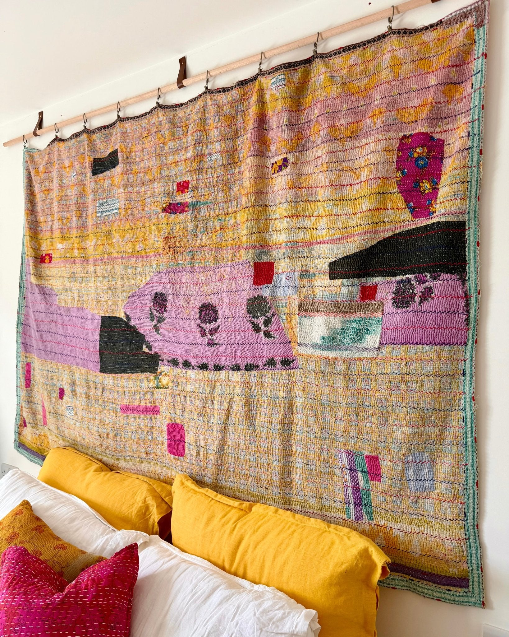 Large Textured Vintage Kantha Quilt In Abstract Pink, Purple and Yellow - Biggs & Hill