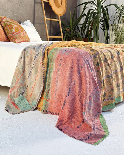 Large Embroidered Vintage Kantha Quilt in Yellow and Light Green - Biggs & Hill