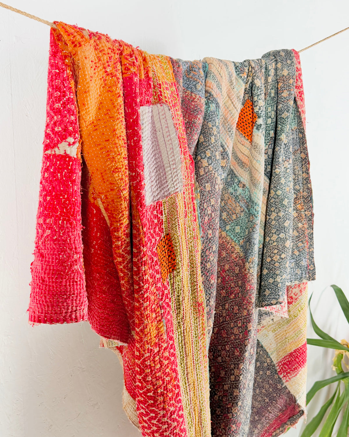 Large Textured Vintage Kantha Quilt in Red and Blue