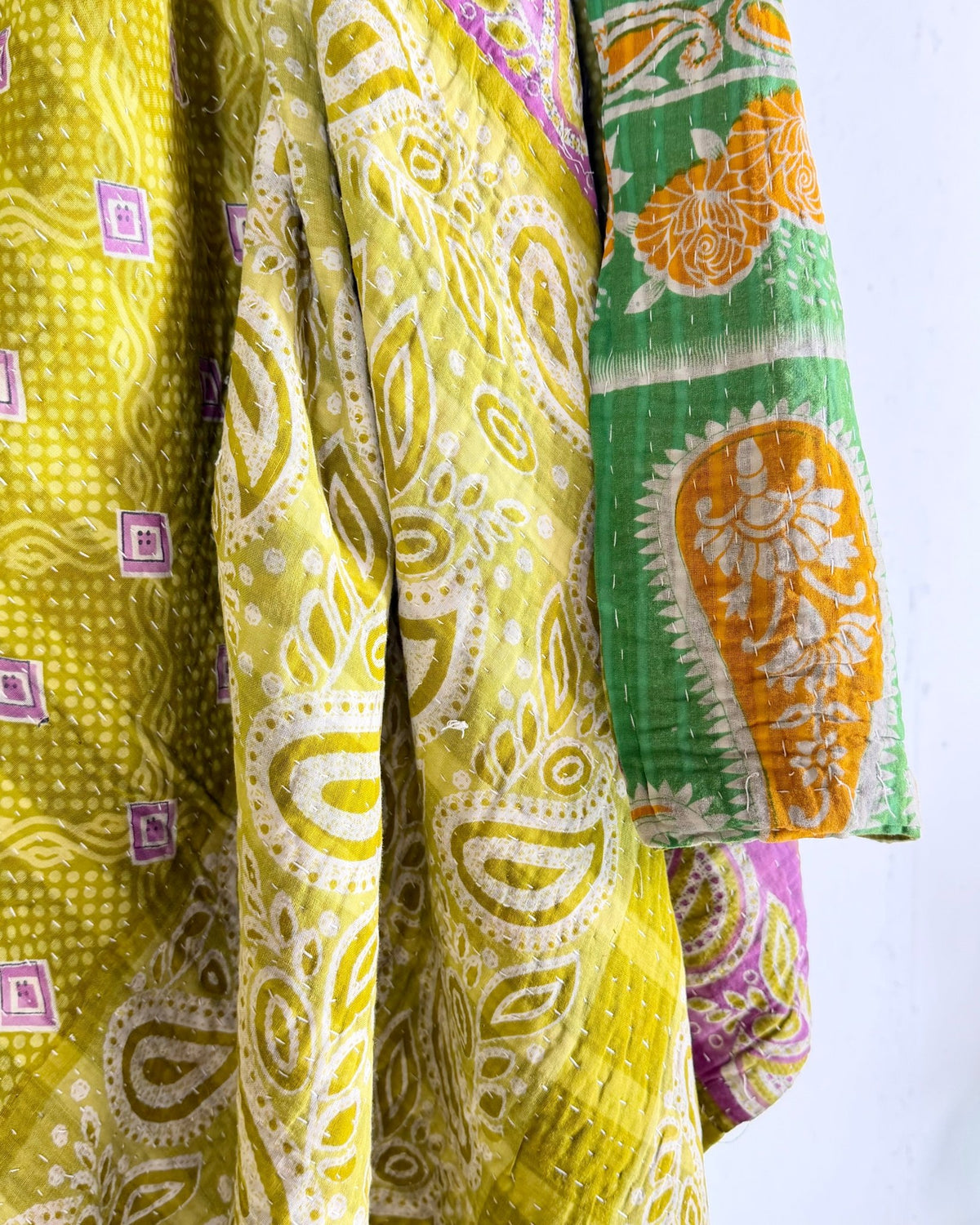 Large Fine Stitched Vintage Kantha Quilt in Green - Biggs & Hill