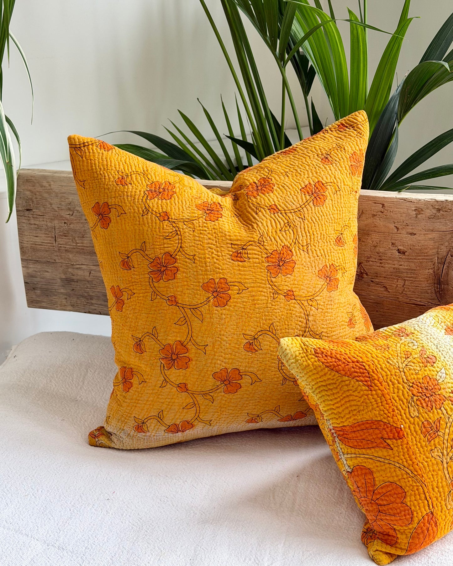 Vintage Kantha Cushion In Yellow Floral - 45cm Square