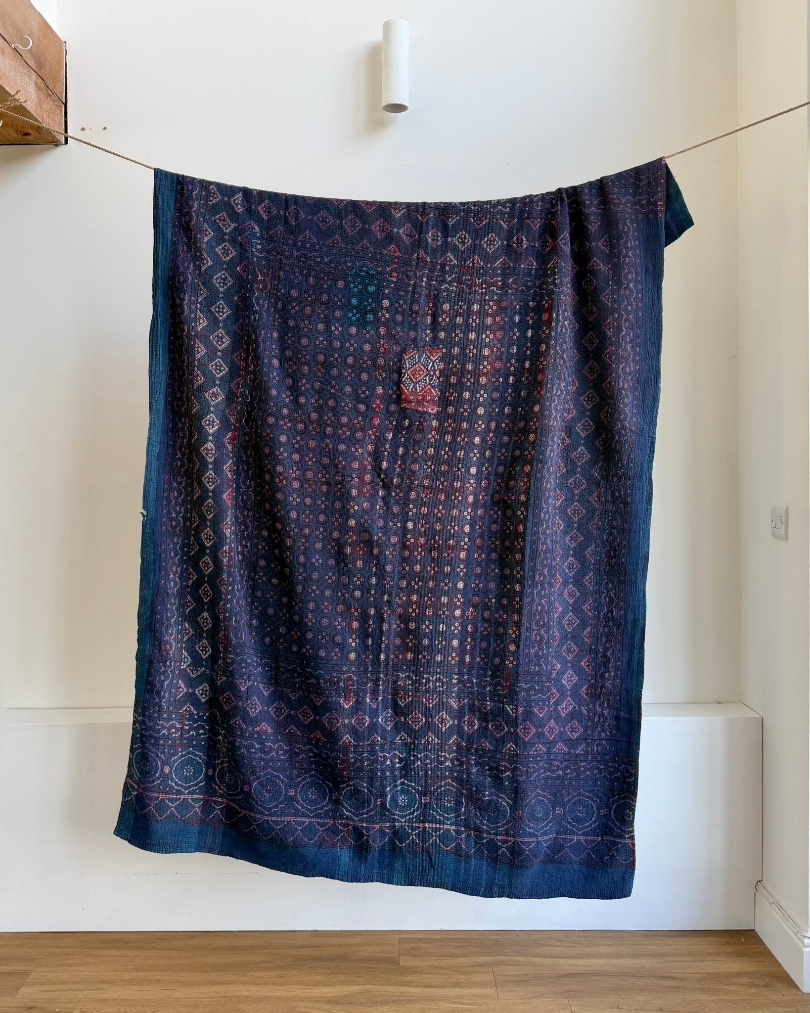 Ajrak Printed Vintage Kantha Quilt In Deep Blue - Biggs & Hill
