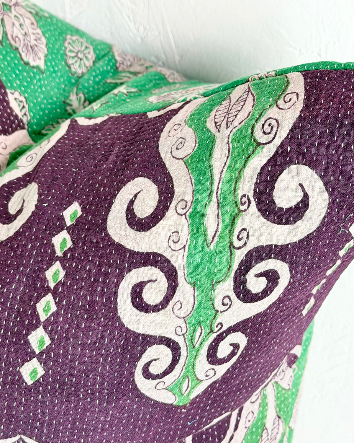 Handmade Vintage Kantha Cushion Cover In Green and Purple - 45cm (18") Square