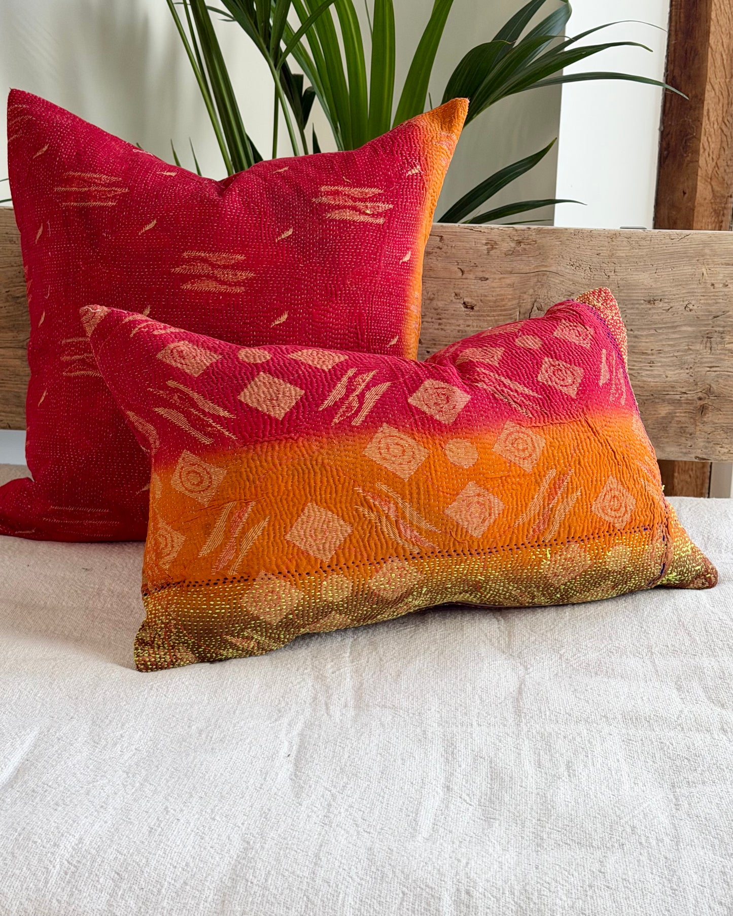 Vintage Kantha Cushion In Red Orange and Green - Small Rectangular