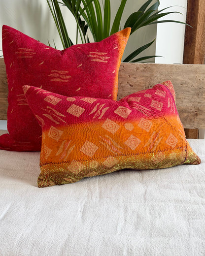 Vintage Kantha Cushion In Red Orange and Green - Small Rectangular