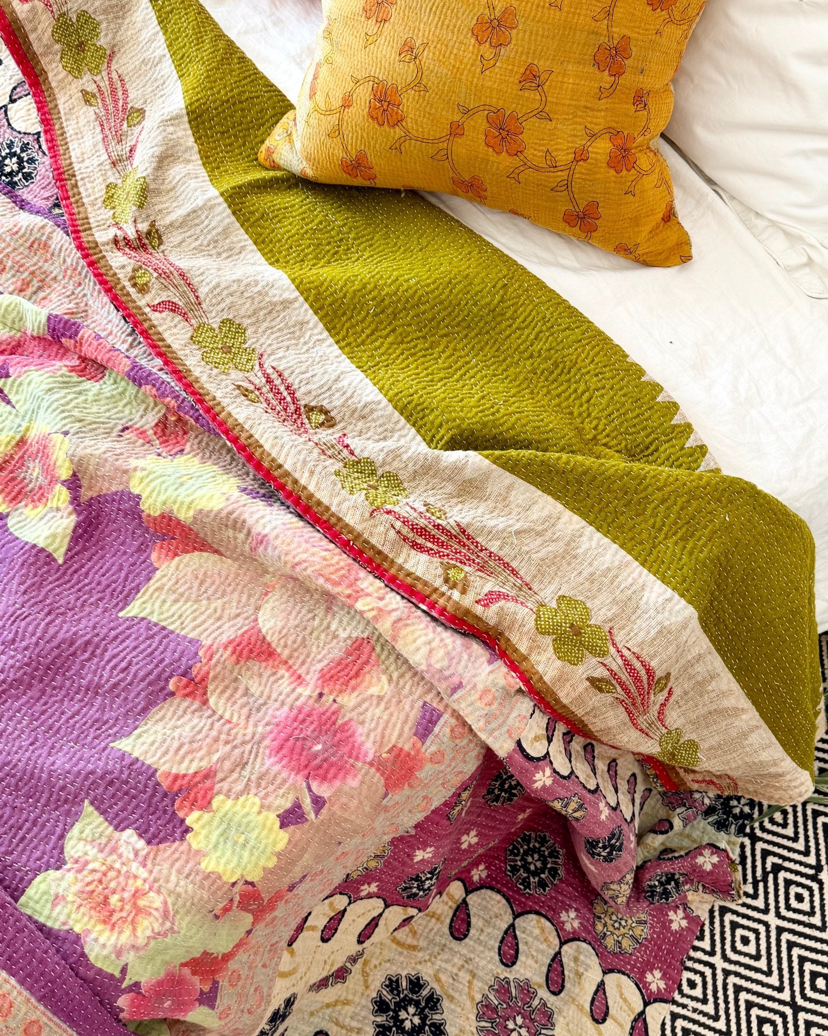 Large Fine Stitched Vintage Kantha Quilt in Pink, Green and Purple Florals - Biggs & Hill