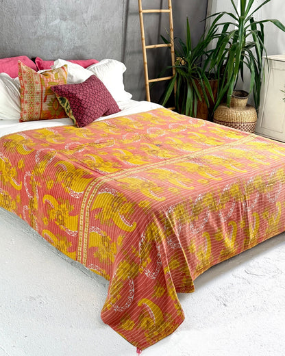 Extra Large Fine Stitched Vintage Kantha Quilt in Pink, Yellow and Green - Biggs & Hill