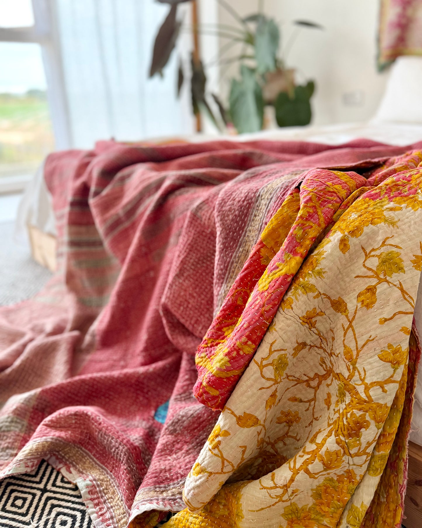 Extra Large Large Fine Stitched Vintage Kantha Quilt in Pink and Yellow