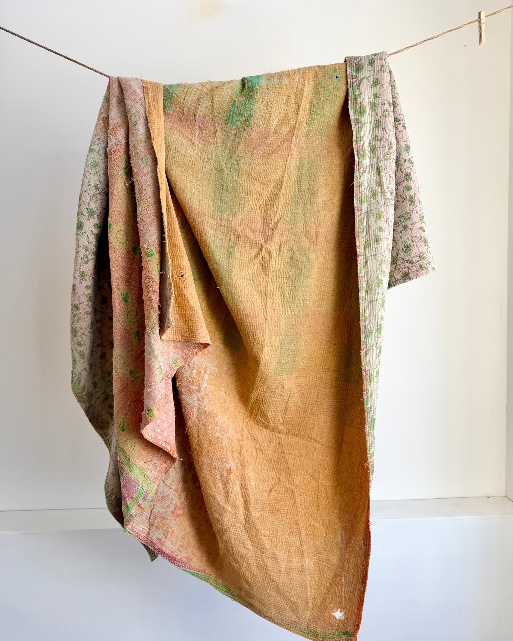 Project Kantha Quilt: Soft Yellow and Pink With Authentic Aged Texture - Biggs & Hill