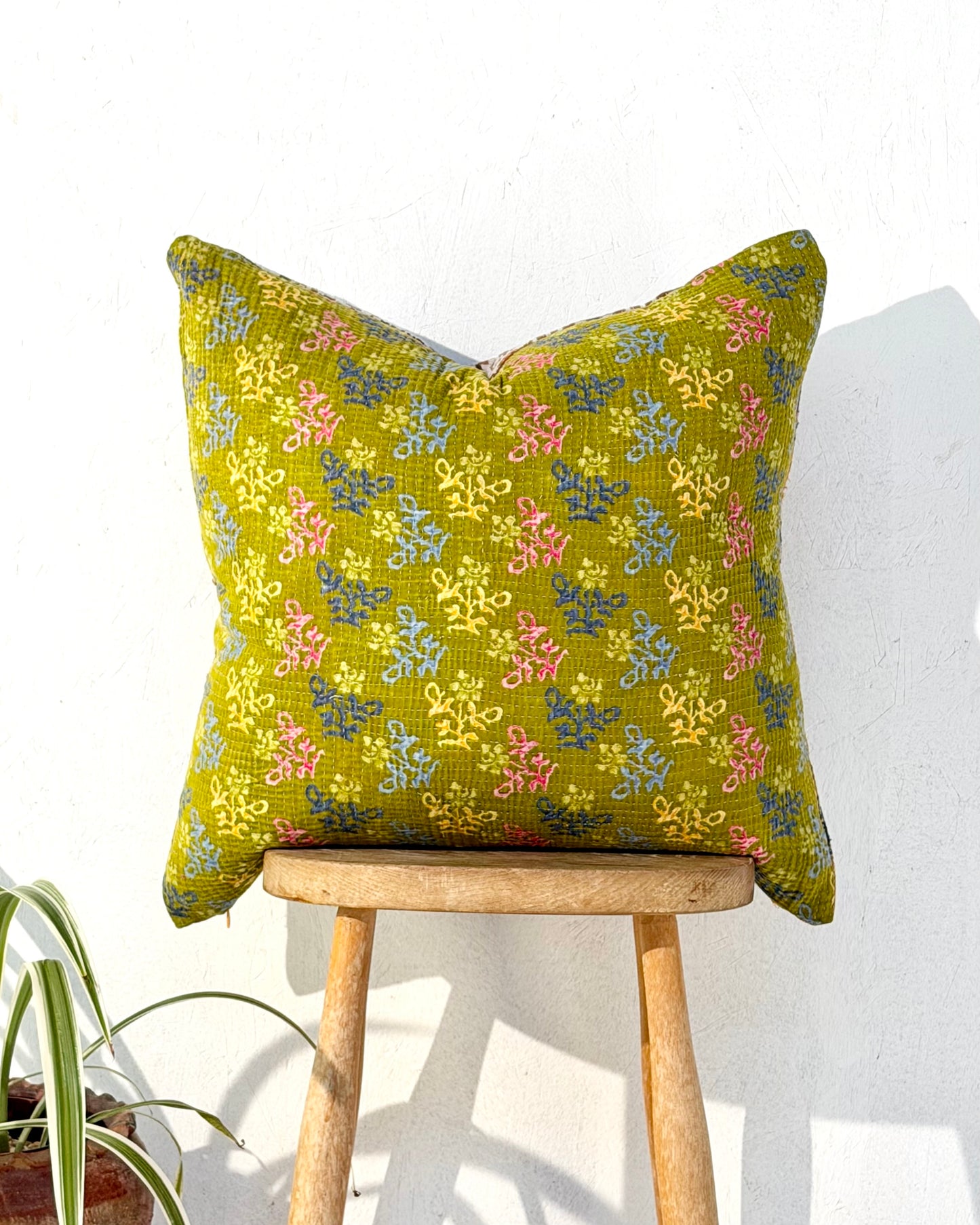 Handmade Vintage Kantha Cushion Cover In Textured Orange and Green - 50cm Square