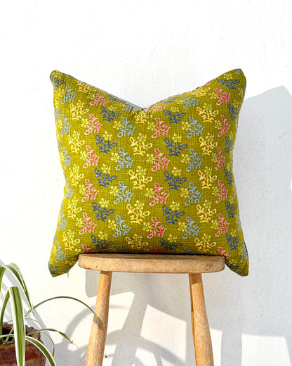 Handmade Vintage Kantha Cushion Cover In Textured Orange and Green - 50cm Square