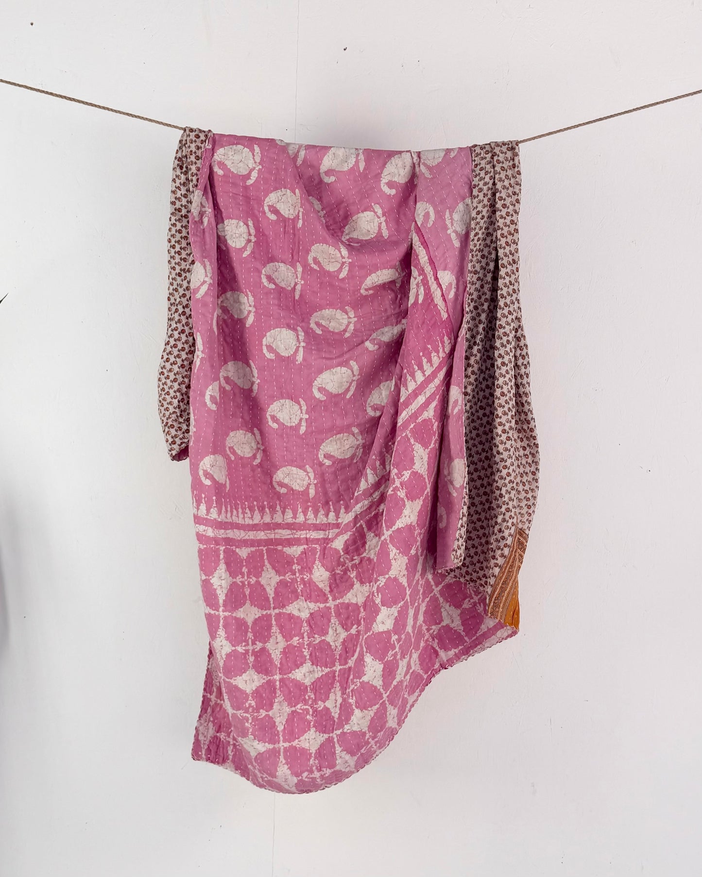 Vintage Cotton Kantha Quilt In Pink and Beige Floral #52