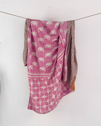 Vintage Cotton Kantha Quilt In Pink and Beige Floral #52