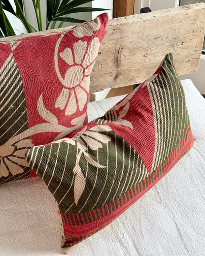Vintage Kantha Cushion In Forest Green and Pink - Small Rectangular