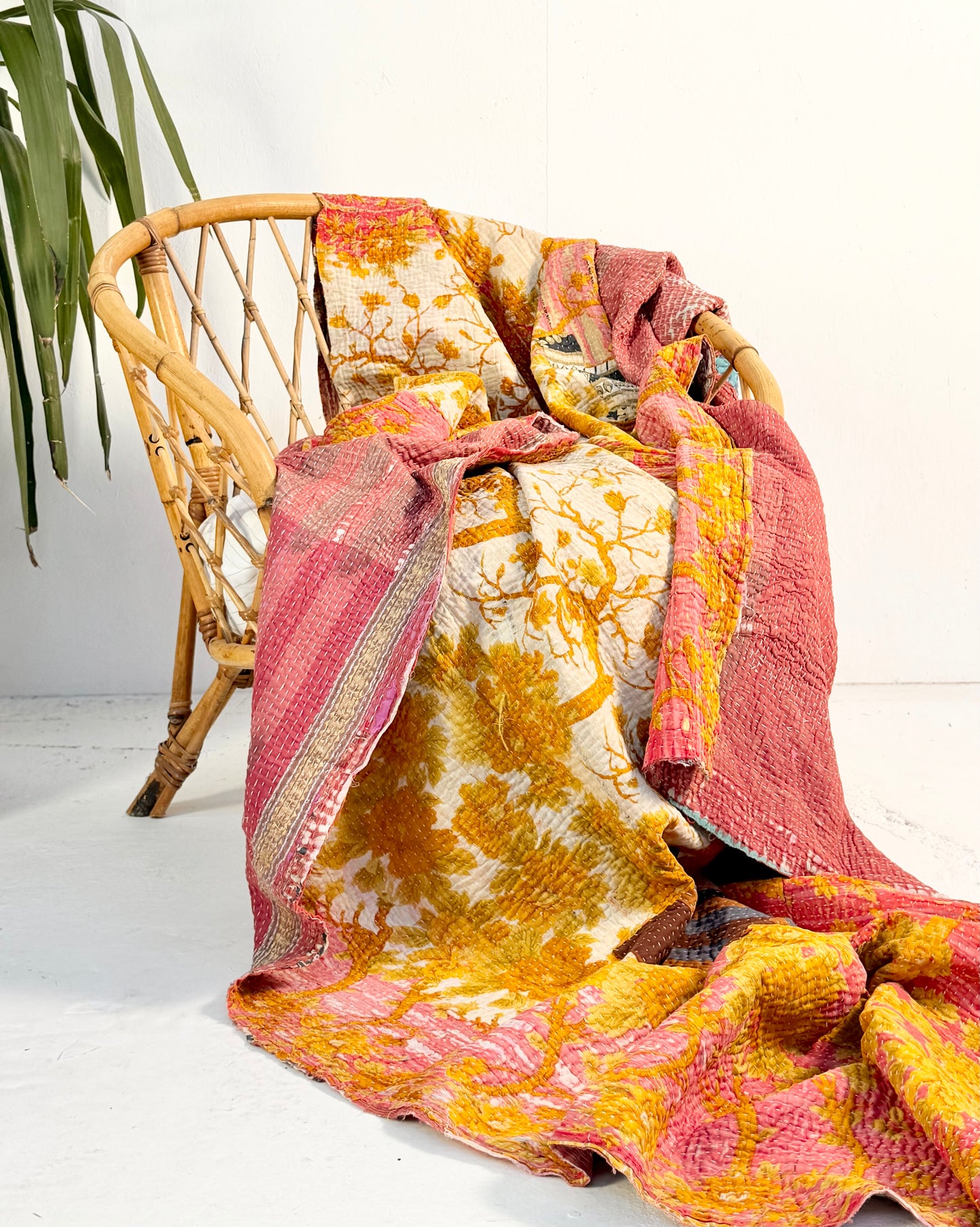 Extra Large Large Fine Stitched Vintage Kantha Quilt in Pink and Yellow