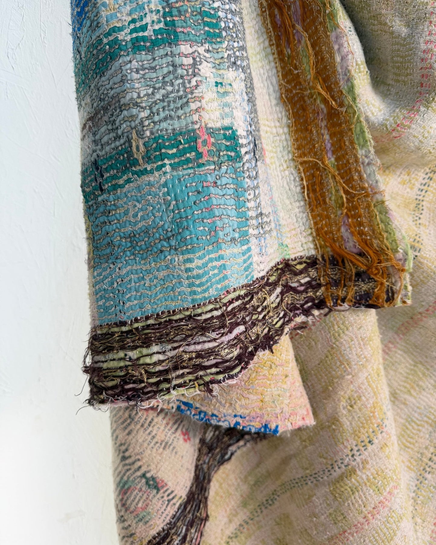 Textured Vintage Kantha Quilt In Blue and Gold - Biggs & Hill