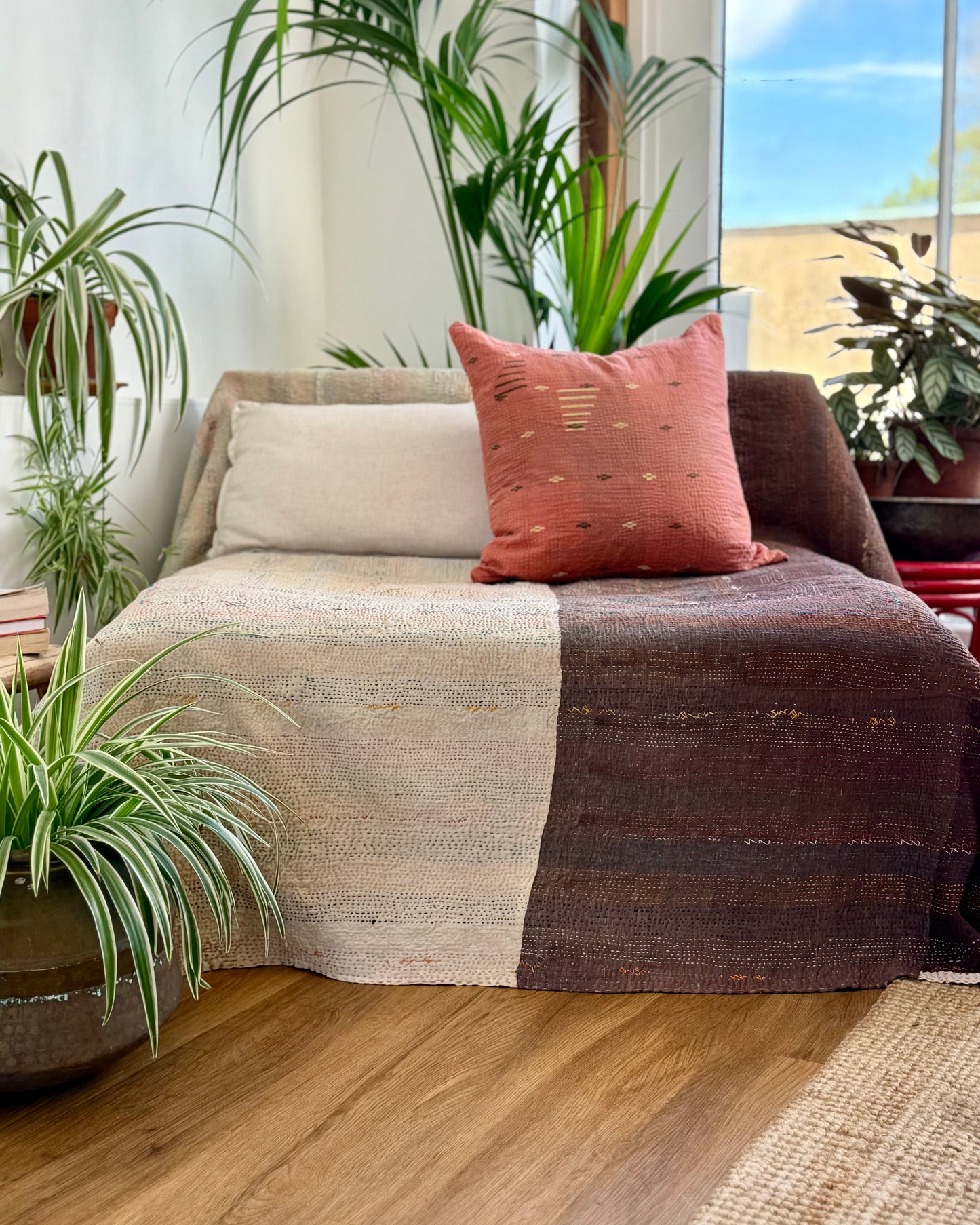 Vintage Embroidered Saami Ralli Quilt in Dark Blue, Green With Brown Colour Block Reverse