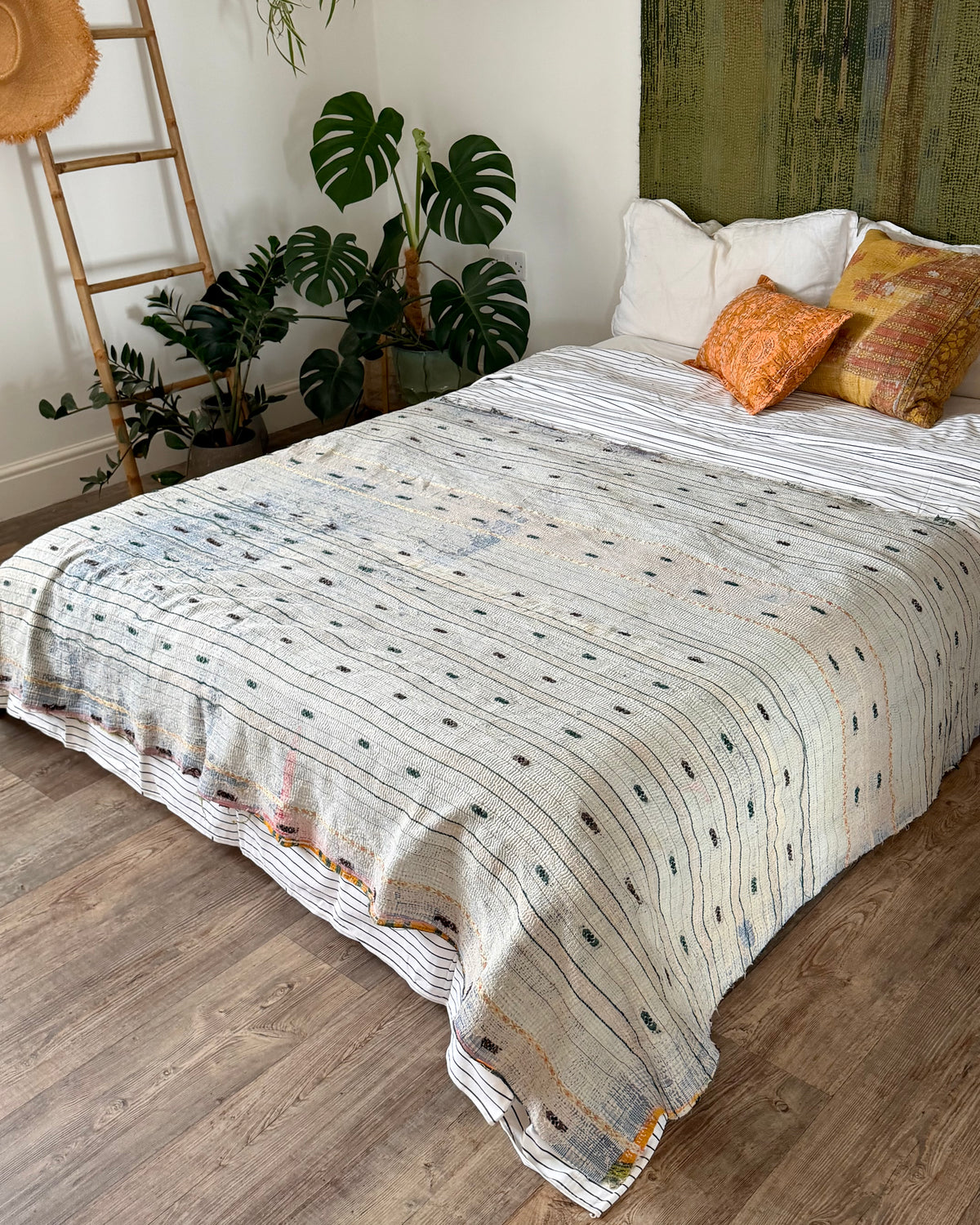 Textured Vintage Kantha Quilt In Orange, Green and White