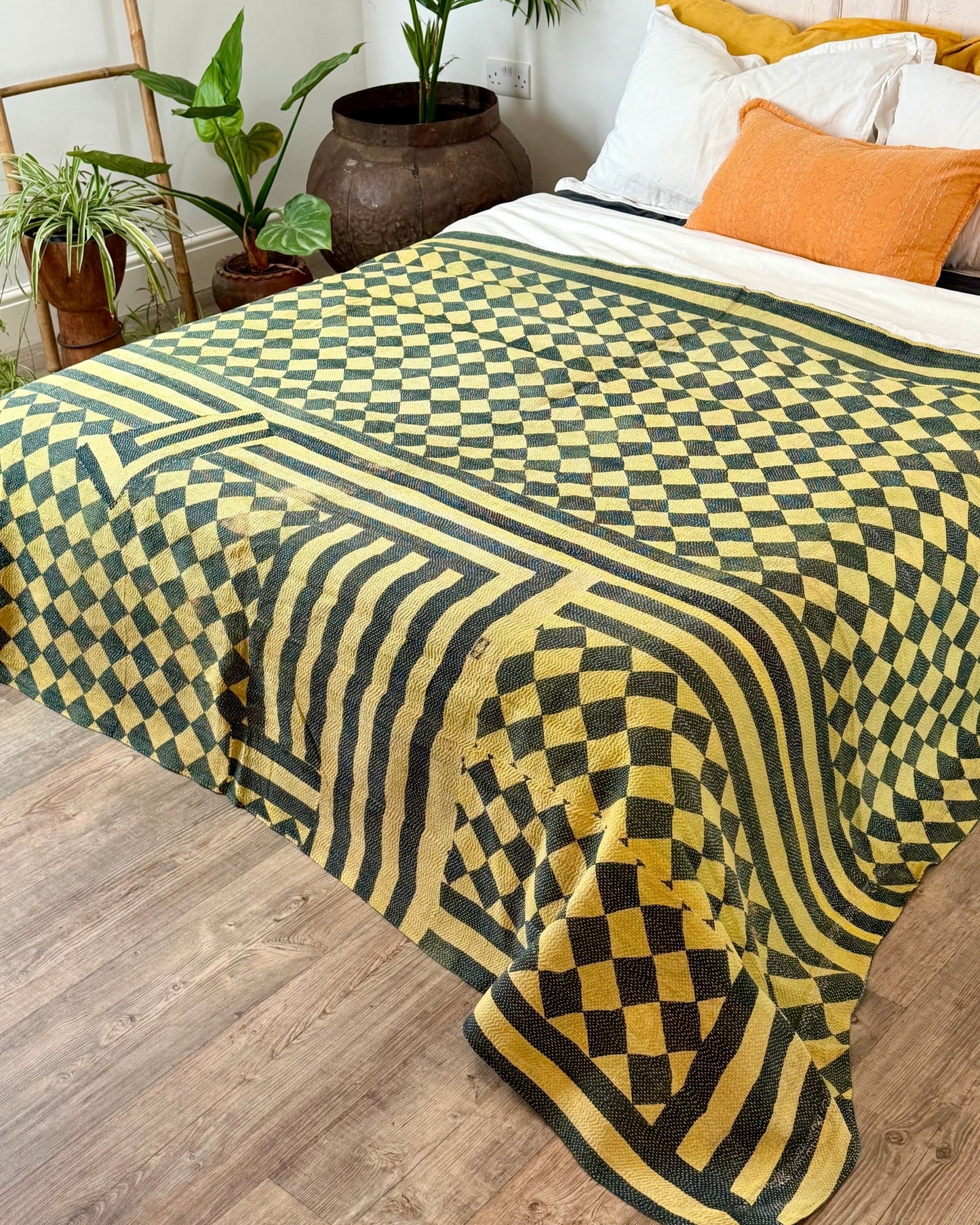 Large Fine Stitched Vintage Kantha Quilt in Diamond Pattern Yellow and Green - Biggs & Hill