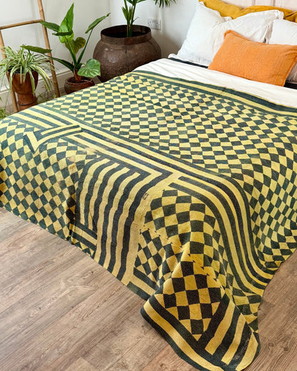 Large Fine Stitched Vintage Kantha Quilt in Diamond Pattern Yellow and Green - Biggs & Hill
