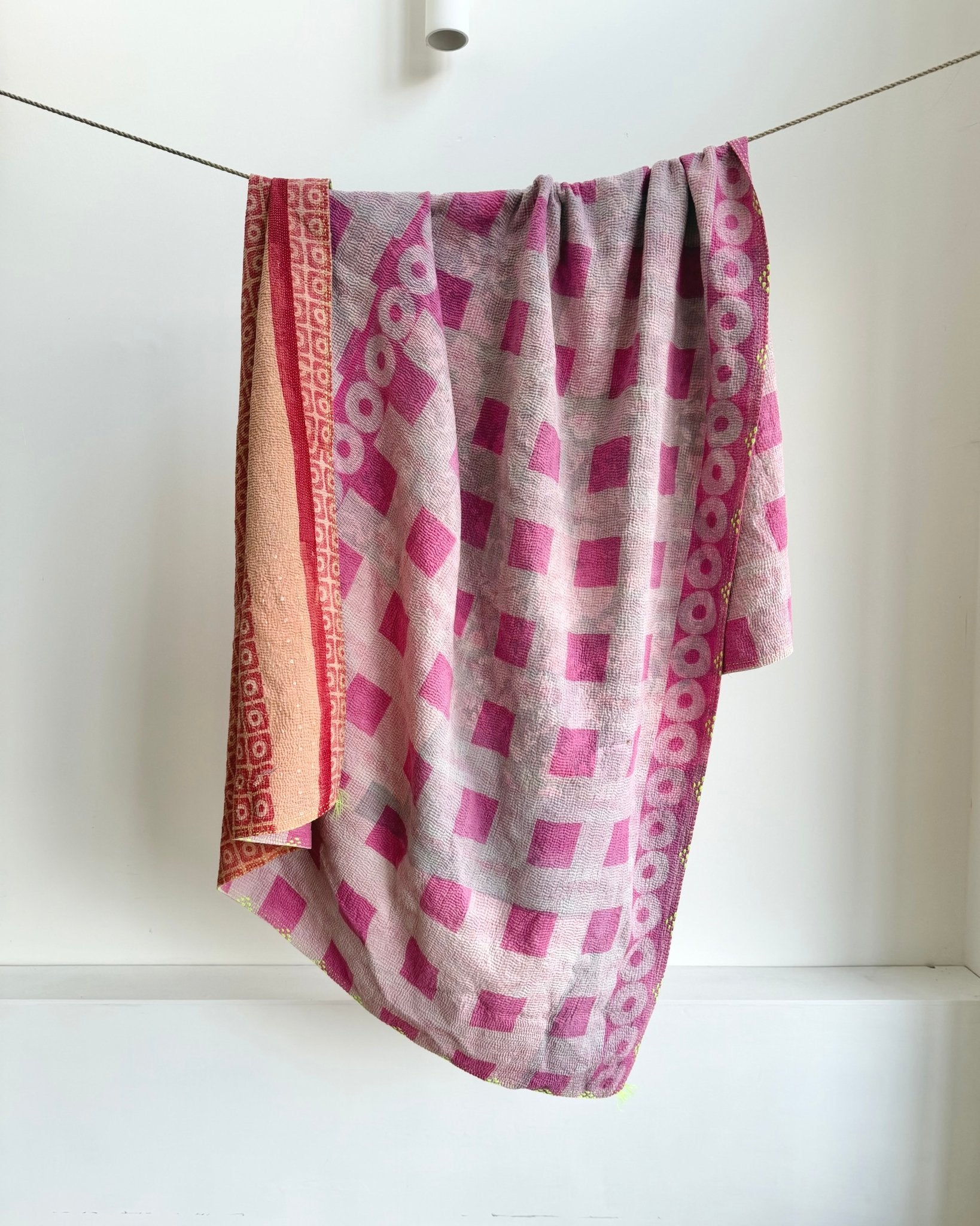 Large Fine Stitched Vintage Kantha Quilt With Pink Squares - Biggs & Hill