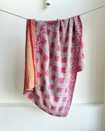 Large Fine Stitched Vintage Kantha Quilt With Pink Squares - Biggs & Hill
