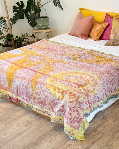 Textured Vintage Kantha Quilt In Pink and Yellow
