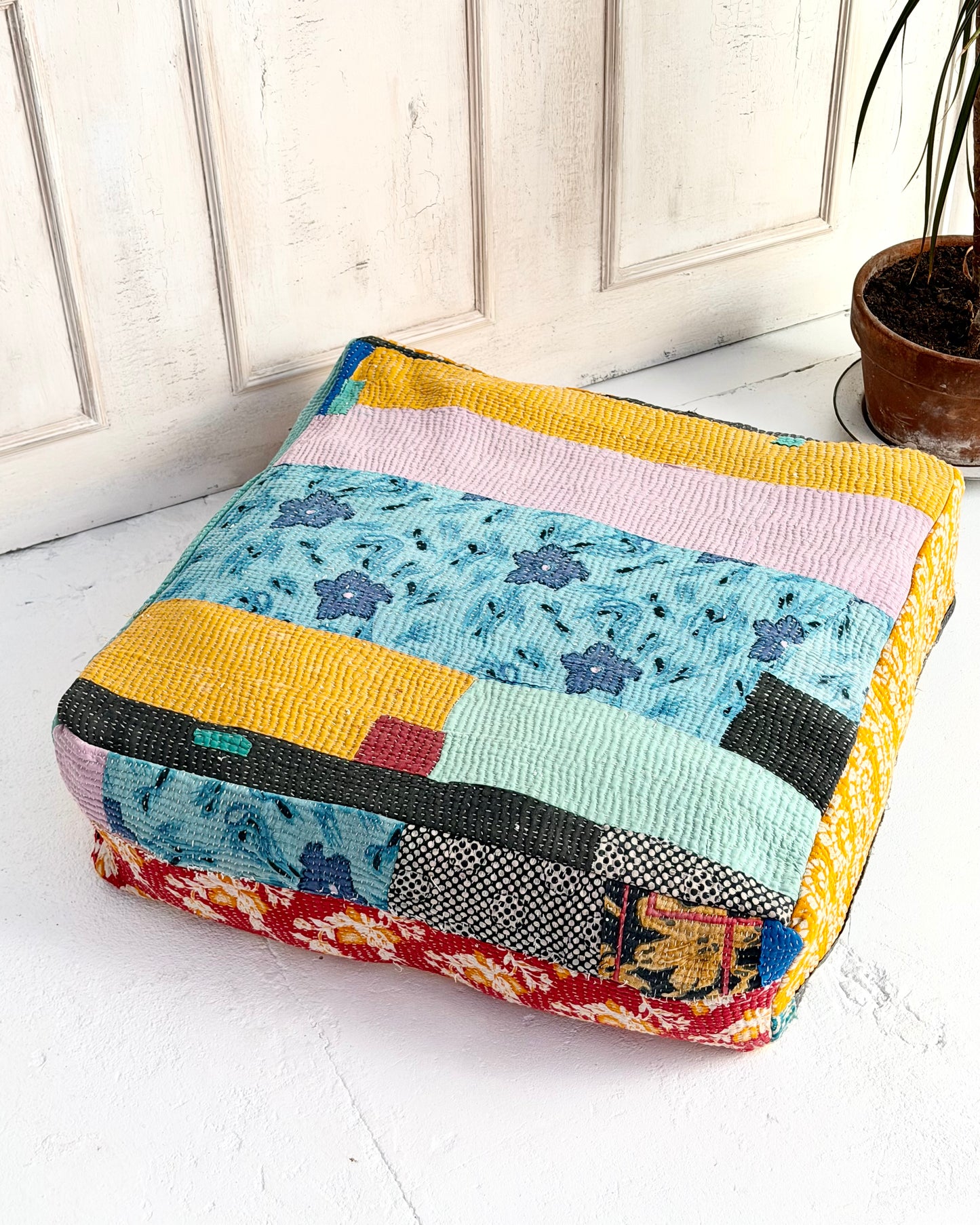 Large Square Kantha Floor Cushion Cover In Blue and Yellow