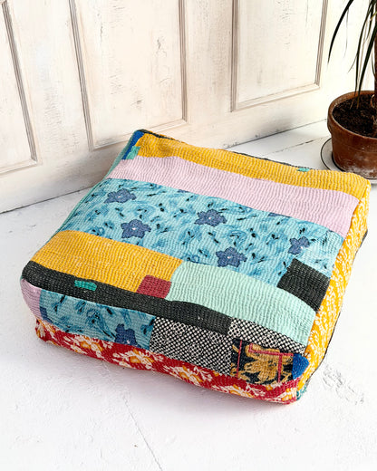 Large Square Kantha Floor Cushion Cover In Blue and Yellow