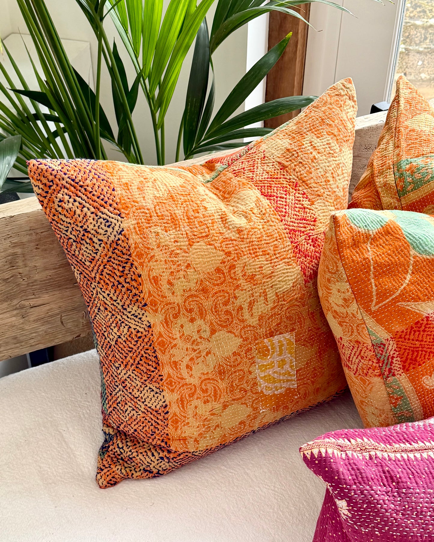 Vintage Kantha Cushion In Floral Orange- 45cm Square