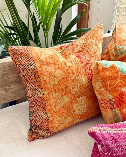Vintage Kantha Cushion In Floral Orange- 45cm Square