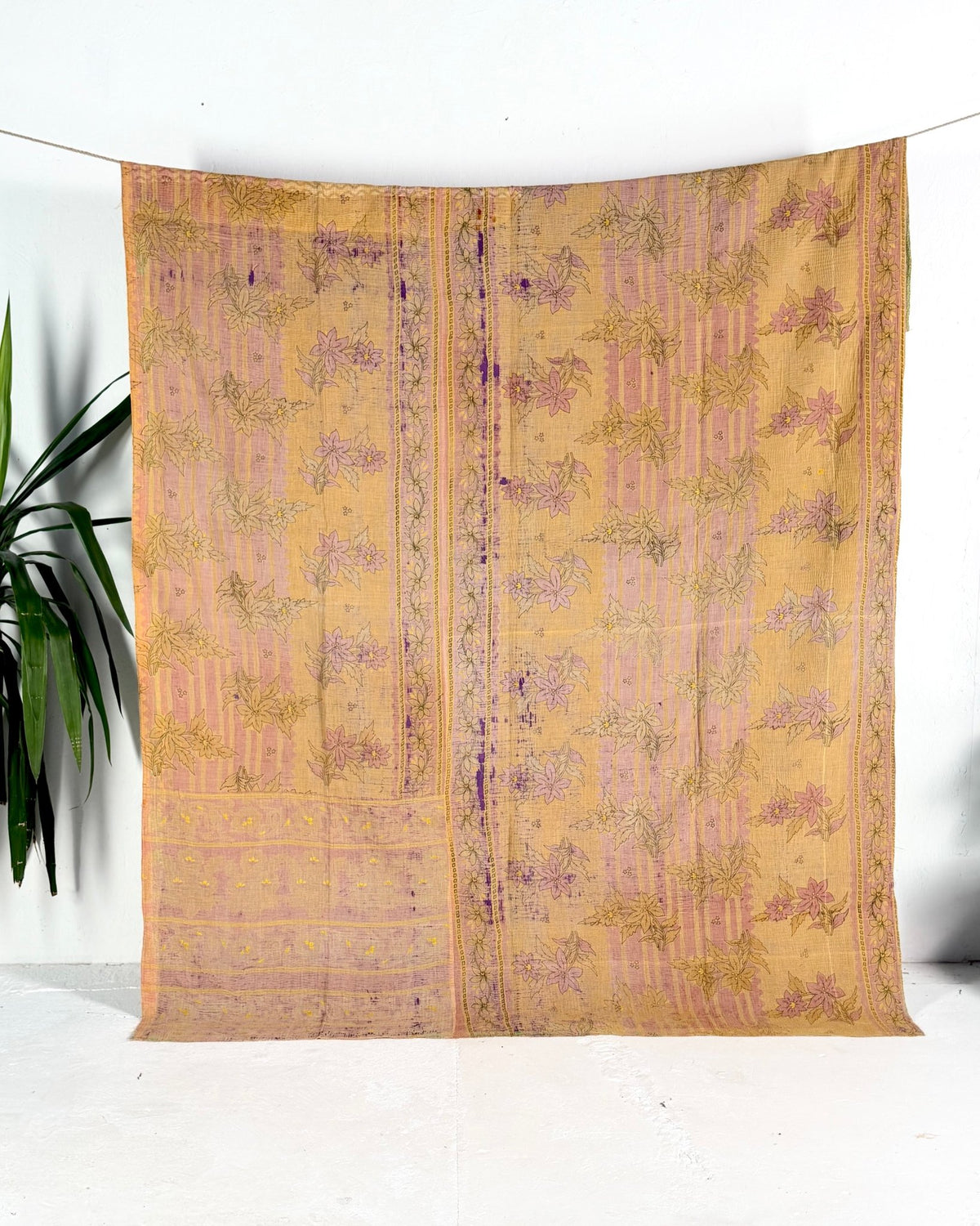 Extra Large Fine Stitched Vintage Kantha Quilt in Geometric Yellow and Green - Biggs & Hill