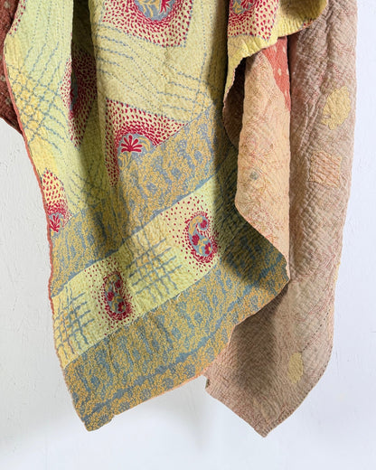 Large Fine Stitched Vintage Kantha Quilt in Soft Green and Brown - FIRST picture - Biggs & Hill