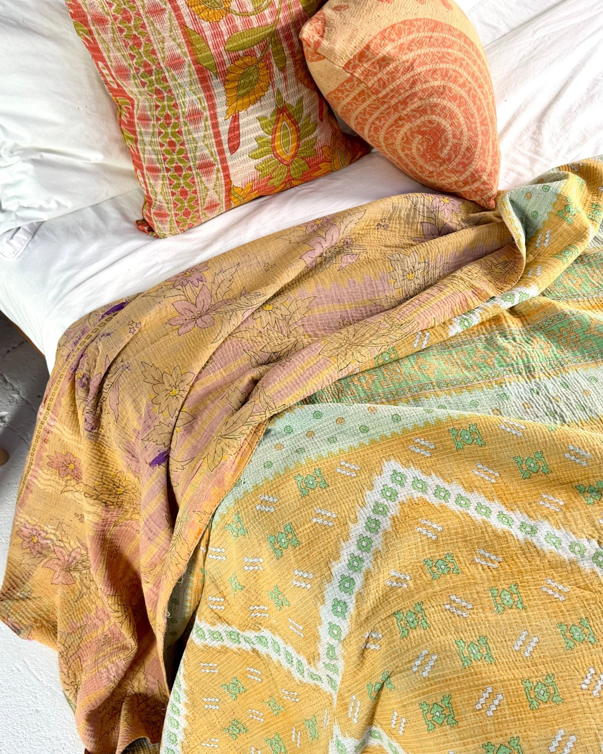 Extra Large Fine Stitched Vintage Kantha Quilt in Geometric Yellow and Green - Biggs & Hill