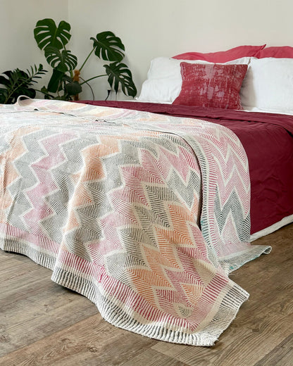 Heavy Vintage Lohori Kantha Quilt in Pink and Yellow Zig Zags - Biggs & Hill