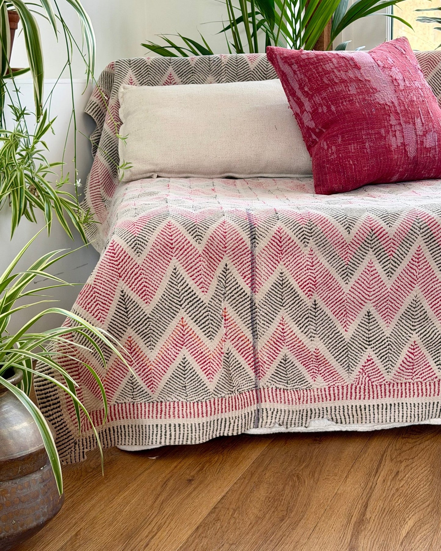 Heavy Vintage Lohori Kantha Quilt in Pink and Black Zig Zags - Biggs & Hill