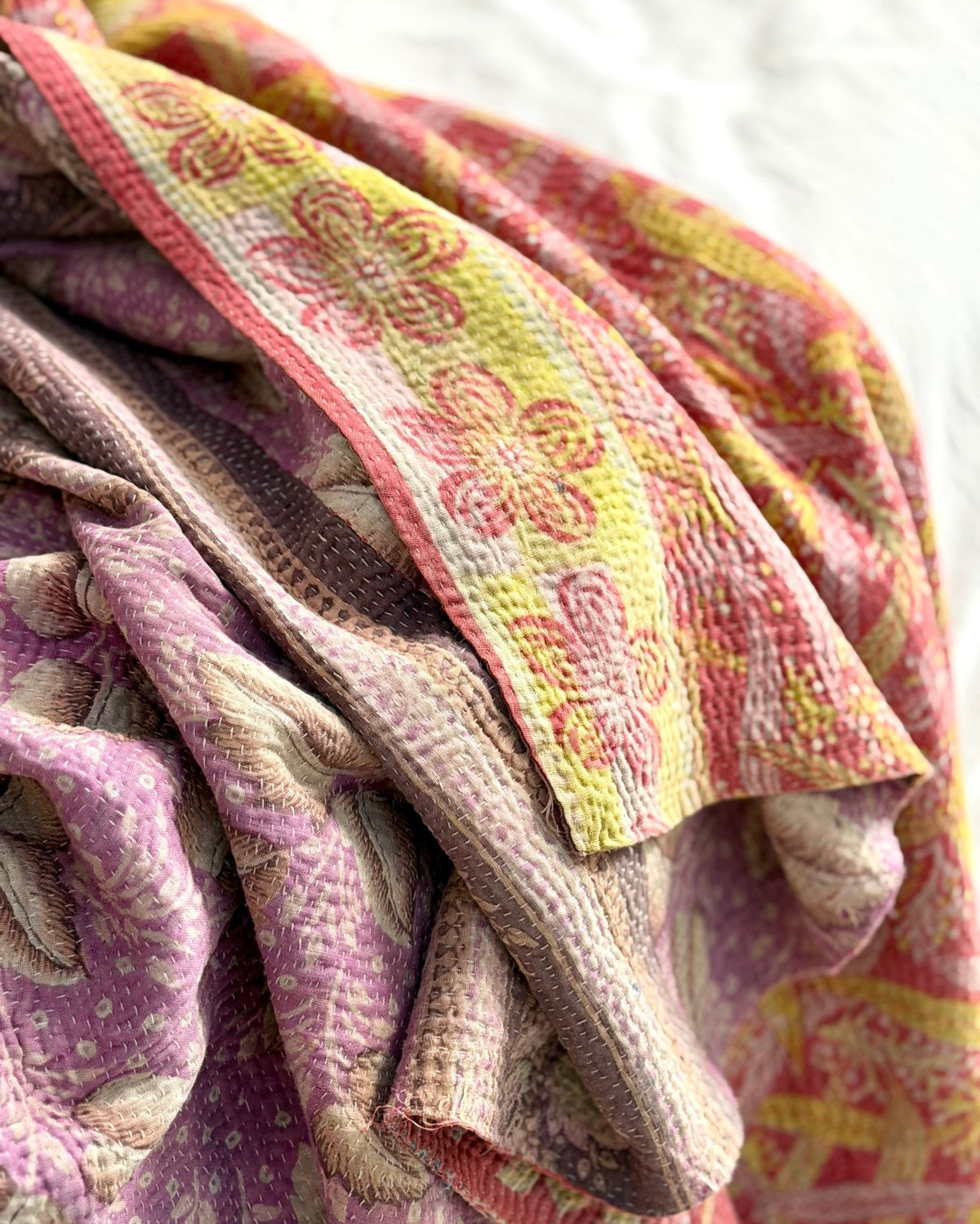 Large Fine Stitched Vintage Kantha Quilt in Pink, Orange and Lilac - Biggs & Hill