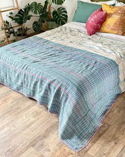 Large Textured Vintage Kantha Quilt In Soft Yellow, Green, Pink and Blue - Biggs & Hill