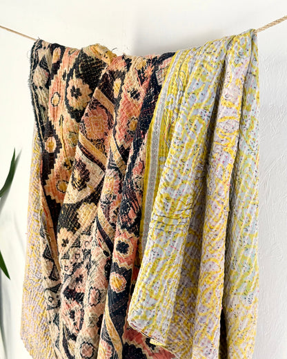 Large Textured Vintage Kantha Quilt In Geometric Peach and Black - Biggs & Hill