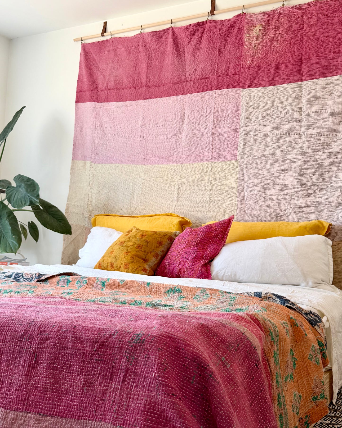 Extra Large Textured Vintage Kantha Quilt in Pink Colour Block and Peachy Pastels