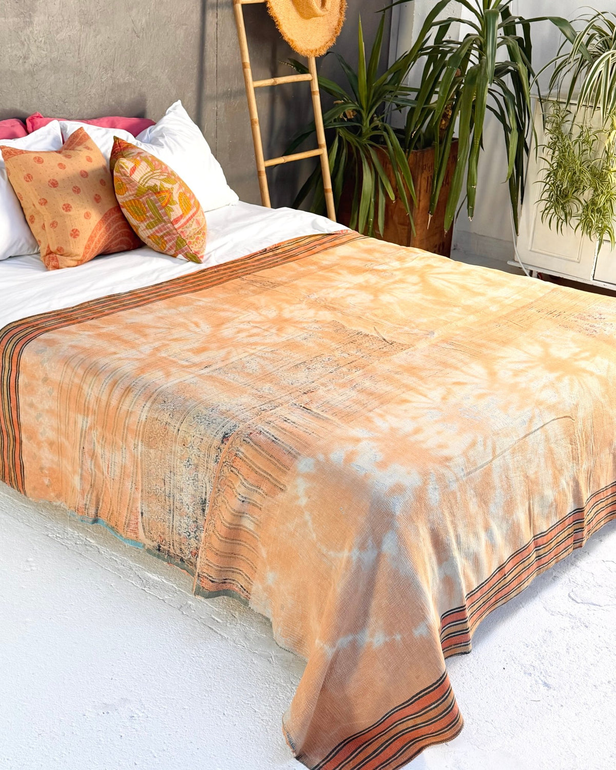 Extra Large Fine Stitched Vintage Kantha Quilt in Peachy Orange and Red - Biggs & Hill